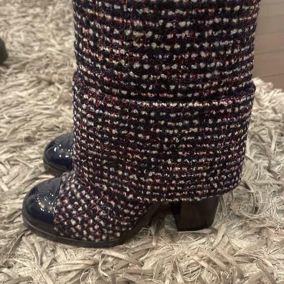Chanel | Blue Tweed And Patent Leather Cap Toe Ankle Boots - Picture 6 of 6